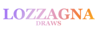 The name "Lozzagna Draws" written in Georgia font, made up of multiple colours from purple on the left side, to pink in the middle, then yellow on the right side.