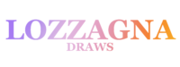 The name "Lozzagna Draws" written in Georgia font, made up of multiple colours from purple on the left side, to pink in the middle, then yellow on the right side.